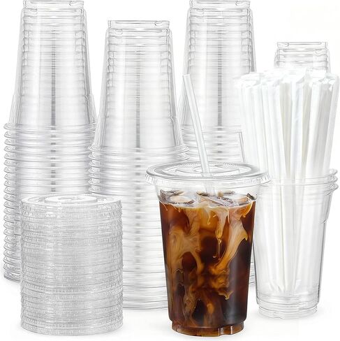 عبوة من 100 كوب من البلاستيك الشفاف سعة 16oz من EUHOMY مع أغطية وقش، أكواب قهوة كبيرة للاستعمال مرة واحدة، أكواب للوجبات الجاهزة آمنة للطعام خالية من مادة BPA للقهوة المثلجة والعصائر والمشروبات الباردة in Kuwait