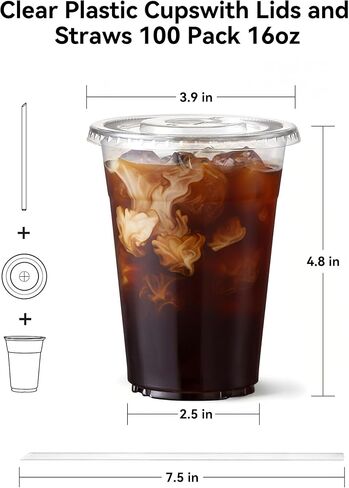 عبوة من 100 كوب من البلاستيك الشفاف سعة 16oz من EUHOMY مع أغطية وقش، أكواب قهوة كبيرة للاستعمال مرة واحدة، أكواب للوجبات الجاهزة آمنة للطعام خالية من مادة BPA للقهوة المثلجة والعصائر والمشروبات الباردة in Kuwait