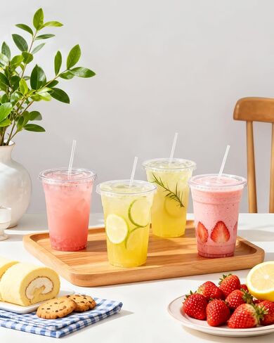عبوة من 100 كوب من البلاستيك الشفاف سعة 16oz من EUHOMY مع أغطية وقش، أكواب قهوة كبيرة للاستعمال مرة واحدة، أكواب للوجبات الجاهزة آمنة للطعام خالية من مادة BPA للقهوة المثلجة والعصائر والمشروبات الباردة in Kuwait