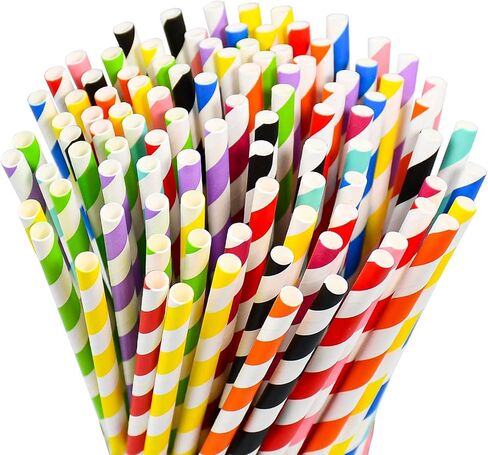 [100 Counts] 7.75 Inch Colorful Striped Disposable Paper Drinking Straws, 10 Assorted Colors, Compostable - for Cocktail, Party, Cake Pops, Crafts in Saudi Arabia