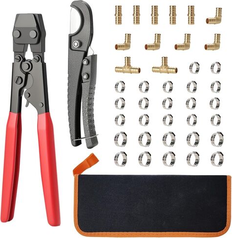 مجموعة أدوات المشبك Solimeta PEX - أداة المشبك 3/8 بوصة إلى 1 بوصة، قاطع الأنابيب، 12 قطعة نحاسية PEX (5 وصلات، 5 كوع، 2 تي شيرت)، 20 * 1/2 بوصة + 10 * 3/4 ​​بوصة مشابك مقاومة للصدأ in Kuwait