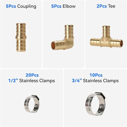 مجموعة أدوات المشبك Solimeta PEX - أداة المشبك 3/8 بوصة إلى 1 بوصة، قاطع الأنابيب، 12 قطعة نحاسية PEX (5 وصلات، 5 كوع، 2 تي شيرت)، 20 * 1/2 بوصة + 10 * 3/4 ​​بوصة مشابك مقاومة للصدأ in Kuwait
