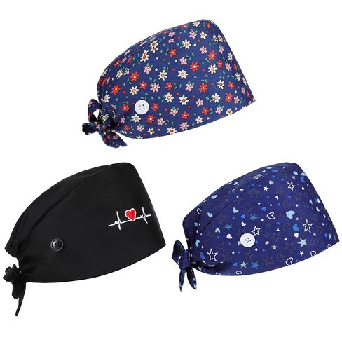 3 Pcs Scrub Caps Working Cap Adjustable Nurse Cap Surgical Hats with Sweatband & Buttons Breathable for Women Men Nurses Doctors in Saudi Arabia