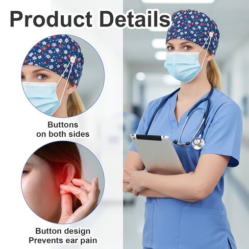 3 Pcs Scrub Caps Working Cap Adjustable Nurse Cap Surgical Hats with Sweatband & Buttons Breathable for Women Men Nurses Doctors in Saudi Arabia