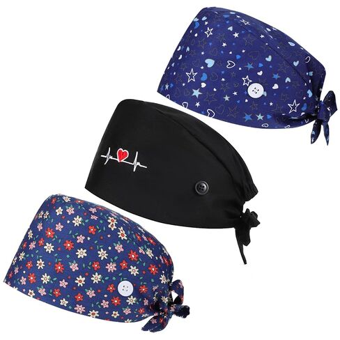 3 Pcs Scrub Caps Working Cap Adjustable Nurse Cap Surgical Hats with Sweatband & Buttons Breathable for Women Men Nurses Doctors in Saudi Arabia