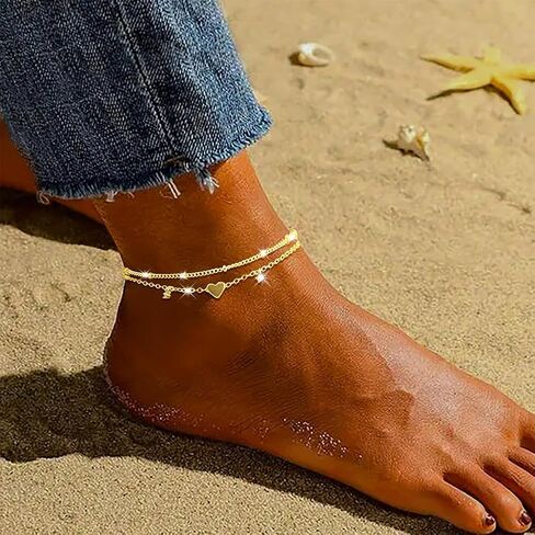 Anklet Bracelets for Women Gold Silver Plated CZ & Heart Charm Dainty Layered Anklets Trendy Chain Anklets Set Gifts in Saudi Arabia