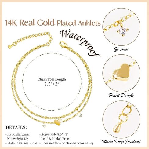 Anklet Bracelets for Women Gold Silver Plated CZ & Heart Charm Dainty Layered Anklets Trendy Chain Anklets Set Gifts in Saudi Arabia