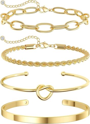 Gold/Silver Bangle Bracelets for Women Non Tarnish, 14K Gold Plated Dainty Cuff Bracelet Tie Knot Cuban Rope Paperclip Beaded Bracelet Stack Jewelry Stacking Christmas Gifts in Saudi Arabia