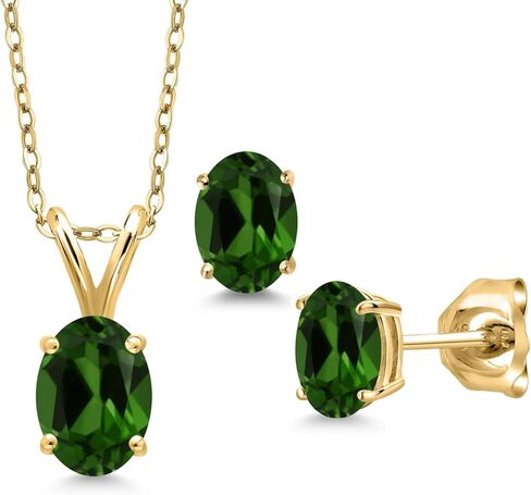 مجموعة أقراط قلادة من الفضة المطلية بالذهب الأصفر عيار 18 قيراط من Gem Stone King 1.70 قيراط من التورمالين الأخضر للنساء | جوهرة الميلاد الأحجار الكريمة | مع سلسلة 18 بوصة in Kuwait