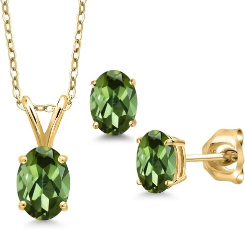 مجموعة أقراط قلادة من الفضة المطلية بالذهب الأصفر عيار 18 قيراط من Gem Stone King 1.70 قيراط من التورمالين الأخضر للنساء | جوهرة الميلاد الأحجار الكريمة | مع سلسلة 18 بوصة in Kuwait