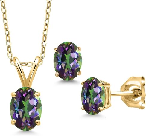 مجموعة أقراط قلادة من الفضة المطلية بالذهب الأصفر عيار 18 قيراط من Gem Stone King 1.70 قيراط من التورمالين الأخضر للنساء | جوهرة الميلاد الأحجار الكريمة | مع سلسلة 18 بوصة in Kuwait