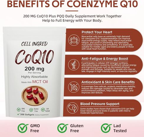 CQ10, 200 mg per Serving, 300 softgels with Coconut MCT Oil, Highly absorbable ubiquinone Form of CoQ10, antioxidant Support for Heart and Energy Health, Non-GMO, Gluten-Free, Soy-Free. in Saudi Arabia