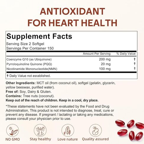CQ10, 200 mg per Serving, 300 softgels with Coconut MCT Oil, Highly absorbable ubiquinone Form of CoQ10, antioxidant Support for Heart and Energy Health, Non-GMO, Gluten-Free, Soy-Free. in Saudi Arabia