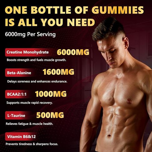 Creatine Monohydrate Gummies 6000mg for Men & Women, Sugar Free Creatine Gummy for Pre & Post Workout, High Absorption Supplement with BCAA, Support Boost Strength, Endurance & Muscle Recovery in Saudi Arabia