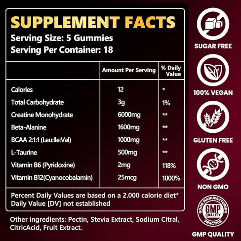 Creatine Monohydrate Gummies 6000mg for Men & Women, Sugar Free Creatine Gummy for Pre & Post Workout, High Absorption Supplement with BCAA, Support Boost Strength, Endurance & Muscle Recovery in Saudi Arabia