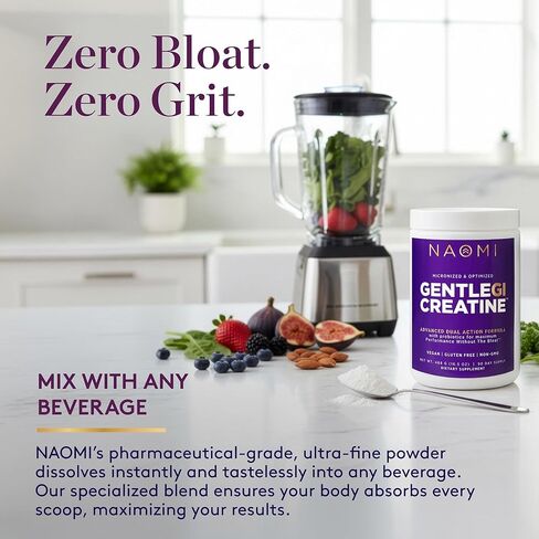 NAOMI Gentle GI Creatine مع OPTIBIOME®، مونوهيدرات الكرياتين الصديق للأمعاء لتقوية العضلات والتعافي والتركيز الذهني، غير معدل وراثيًا، مكمل كرياتين يومي نظيف للرجال والنساء، كمية تكفي لمدة 90 يومًا in Kuwait