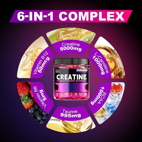 OSHICAR Creatine Gummies 5000mg – 3 Gummies = 5g Creatine Monohydrate with L-Carnitine, BCAA, Taurine – Sugar Free, Vegan Pectin Based, Natural Color – Muscle Strength & Recovery – 120 Gummies in Saudi Arabia