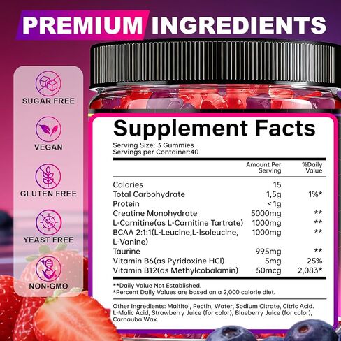 OSHICAR Creatine Gummies 5000mg – 3 Gummies = 5g Creatine Monohydrate with L-Carnitine, BCAA, Taurine – Sugar Free, Vegan Pectin Based, Natural Color – Muscle Strength & Recovery – 120 Gummies in Saudi Arabia
