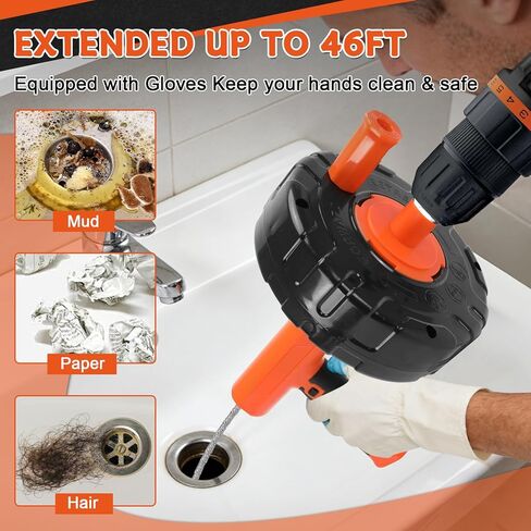 أدوات ثعبان التصريف بطول 45 قدمًا، يدوية أو تعمل بالطاقة ذات الوضع المزدوج، أداة سحب التصريف التلقائي مع ملحق الحفر، ثعبان السباكة للحوض، فتح الصرف، المرحاض، الدش، المطبخ، المغسلة in Kuwait