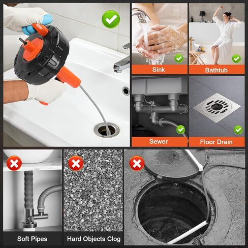 أدوات ثعبان التصريف بطول 45 قدمًا، يدوية أو تعمل بالطاقة ذات الوضع المزدوج، أداة سحب التصريف التلقائي مع ملحق الحفر، ثعبان السباكة للحوض، فتح الصرف، المرحاض، الدش، المطبخ، المغسلة in Kuwait