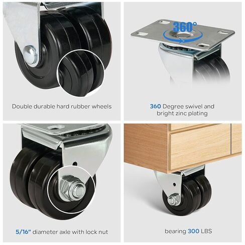 عجلات 2 بوصة، مجموعة من 4 عجلات شديدة التحمل - سعة إجمالية 1200 رطل، عجلات دوارة مع عجلة مطاطية صلبة مزدوجة، عجلات جاك المقطورة لعربة منضدة الأثاث in Kuwait