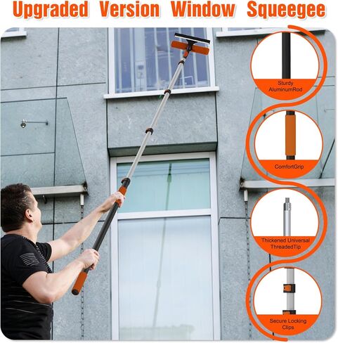 25FT Reach Window Squeegee Kit with Extension Pole, 2-in-1 Professional Washer for High Windows, 5-20FT Adjustable Reach, Rotatable Head for Indoor & Outdoor Use, Streak-Free Cleaning Tool for Home in Saudi Arabia