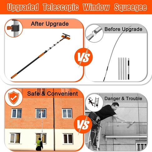 25FT Reach Window Squeegee Kit with Extension Pole, 2-in-1 Professional Washer for High Windows, 5-20FT Adjustable Reach, Rotatable Head for Indoor & Outdoor Use, Streak-Free Cleaning Tool for Home in Saudi Arabia