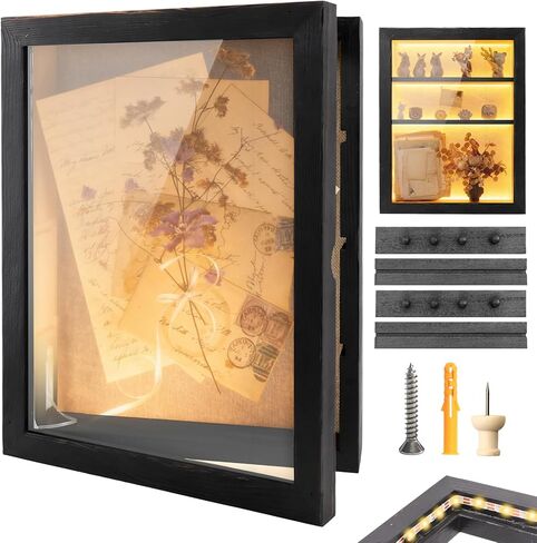 صندوق الظل مقاس 14 × 11 حافظات عرض إطارات الصور البنية مع ضوء LED، وصناديق تذكارات الذاكرة مع 4 أرفف حلية قابلة للإزالة، من أجل الذكرى السنوية لحفلات الزفاف وخريجي الأطفال، مجموعة تذكارية باللون البني الداكن in Kuwait