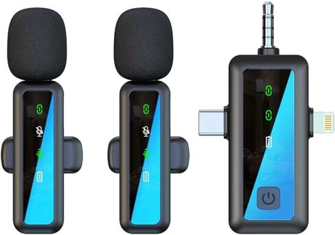 ميكروفونات لافالير 3 في 1 لأجهزة iPhone/Android/الكاميرا (مقبس Lightning/USBC/3.5 مم)، ميكروفون صغير بشاشة LED مع كتم الصوت/تردد/تقليل الضوضاء لتسجيل الفيديو ومدونات الفيديو in Kuwait
