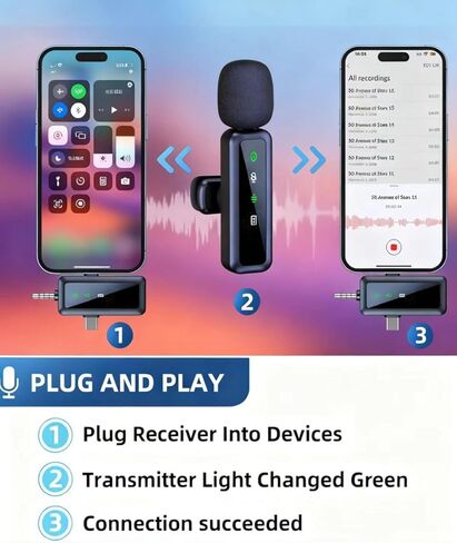ميكروفونات لافالير 3 في 1 لأجهزة iPhone/Android/الكاميرا (مقبس Lightning/USBC/3.5 مم)، ميكروفون صغير بشاشة LED مع كتم الصوت/تردد/تقليل الضوضاء لتسجيل الفيديو ومدونات الفيديو in Kuwait
