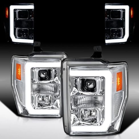 Autozensation متوافق مع 2008-2010 Ford F-250، F-350، F-450، F-550 Super Duty، مجموعة المصابيح الأمامية اليسرى + اليمنى، المصابيح الأمامية لجهاز العرض الأسود مع شريط LED in Kuwait