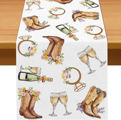 Pudodo Boots and Bubbly Bridal Shower Table Runner Champagne Themed Cowgirl Western Bachelorette Kitchen Dining Room Home Decor (13" x 72") in Saudi Arabia