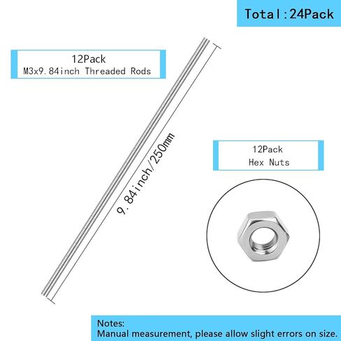 24 حزمة قضبان ملولبة بطول M3 × 250 مم مع صواميل سداسية، 12 قطعة M3 × 250 مم 304 من الفولاذ المقاوم للصدأ جميع القضبان الملولبة بالكامل (M3-0.5 درجة الخيط)، 12 قطعة صواميل سداسية للشماعات، ومسامير على شكل حرف U ومشابك. in Kuwait