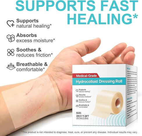 ضمادات غرواني مائي للعناية بالجروح، بكرة شريط غرواني مائي كبيرة جدًا بحجم 2 × 12 قدمًا، مع ذاتية اللصق، مقطوعة حسب الحجم، فائقة الامتصاص، مرنة ومقاومة للماء، مجموعة الإسعافات الأولية الأساسية in Kuwait