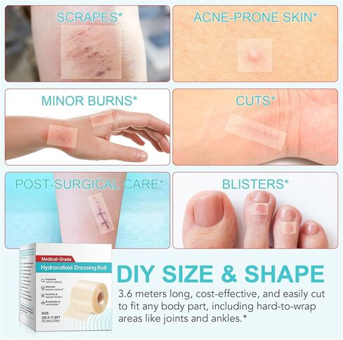 ضمادات غرواني مائي للعناية بالجروح، بكرة شريط غرواني مائي كبيرة جدًا بحجم 2 × 12 قدمًا، مع ذاتية اللصق، مقطوعة حسب الحجم، فائقة الامتصاص، مرنة ومقاومة للماء، مجموعة الإسعافات الأولية الأساسية in Kuwait