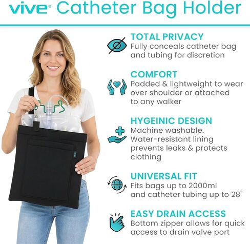 Vive Urinary Drainage Bag Holder – Discreet Foley Catheter & Drain Tube Cover – Nephrostomy Bag Holder, Easy-Access Zipper, Adjustable Strap - Leakproof Catheter Supplies for Privacy, 2000mL (Black) in Saudi Arabia