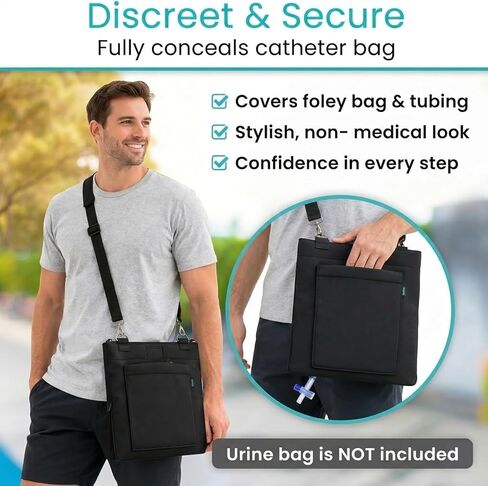 Vive Urinary Drainage Bag Holder – Discreet Foley Catheter & Drain Tube Cover – Nephrostomy Bag Holder, Easy-Access Zipper, Adjustable Strap - Leakproof Catheter Supplies for Privacy, 2000mL (Black) in Saudi Arabia