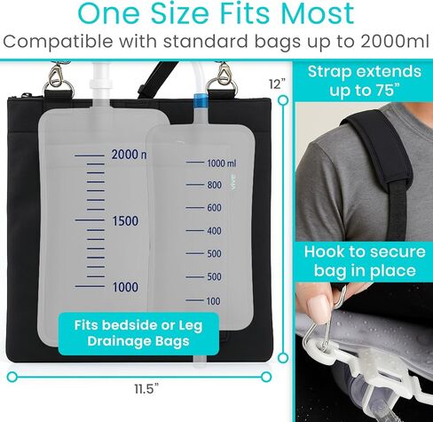 Vive Urinary Drainage Bag Holder – Discreet Foley Catheter & Drain Tube Cover – Nephrostomy Bag Holder, Easy-Access Zipper, Adjustable Strap - Leakproof Catheter Supplies for Privacy, 2000mL (Black) in Saudi Arabia
