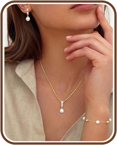 14K Gold Plated Pearl Jewelry Set for Women - 925 Sterling Silver Post Dangle Earrings Dainty Pearl Necklace Bracelet Wedding Jewelry Sets for Bride Bridesmaid CZ Costume Accessories Trendy in Saudi Arabia