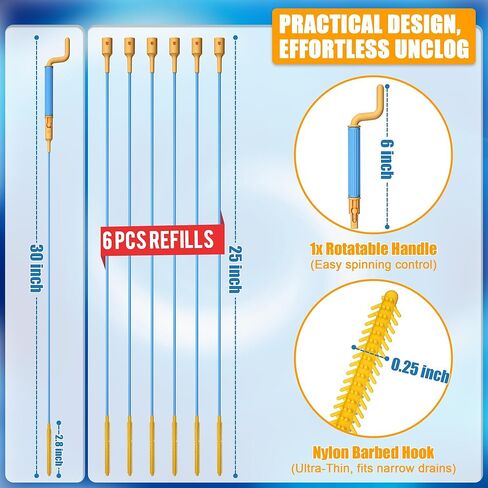 EastLink 30 بوصة قابلة لإعادة الاستخدام استنزاف الشعر استنزاف الشعر تسد ​​مزيل 6 حزمة، المضادة للكسر بالوعة الصلب ثعبان استنزاف الشعر أداة إزالة مع مقبض الدورية، أداة تنظيف الصرف لحوض الحمام، دش، حوض الاستحمام in Kuwait