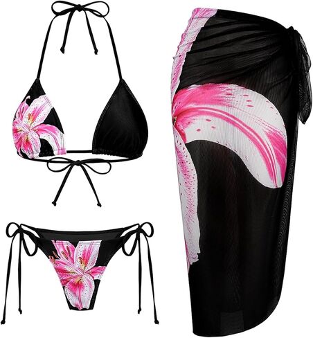 طقم بيكيني نسائي مكون من 3 قطع بطبعة زهور وربطة جانبية وربطة عنق مثلثة مع تنورة طويلة تغطي الشبكة in Kuwait