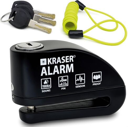 KRASER WA6Y Motorcycle Alarm Disc Lock 110dB, Reinforced Waterproof Security Lock, 5ft Reminder Cable, Carry Pouch, 6mm Universal Anti Theft Wheel Brake Lock for Scooter, Bicycle, Electric Bike in Saudi Arabia