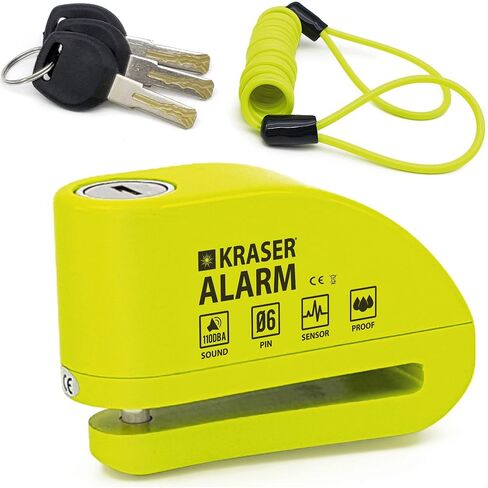KRASER WA6Y Motorcycle Alarm Disc Lock 110dB, Reinforced Waterproof Security Lock, 5ft Reminder Cable, Carry Pouch, 6mm Universal Anti Theft Wheel Brake Lock for Scooter, Bicycle, Electric Bike in Saudi Arabia