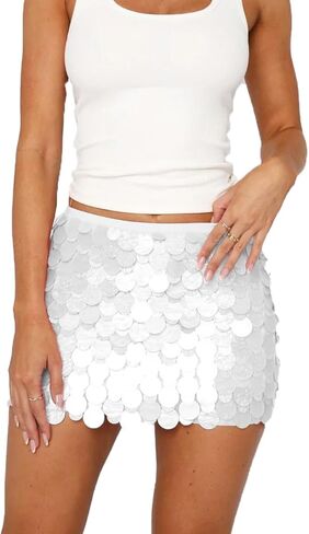 C'SHIN EXX Women’s White Paillette Mini Skirt – Shell Acrylic Disc Skirt, Y2K Festival & Party Mini Skirt, Streetwear Skirt in Saudi Arabia