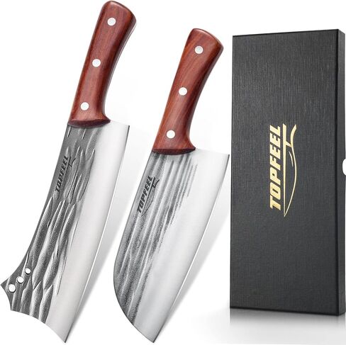 Topfeel 2PCS Meat Cleaver & Heavy Duty Bone Chopper Knife Set, Hand Forged German High Carbon Stainless Steel Butcher Knife for Home Kitchen & Outdoor in Saudi Arabia