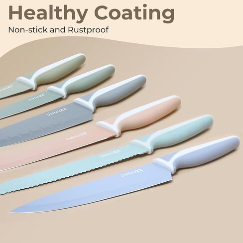 Knife Set, 12 Pieces Kitchen Knives Set with Healthy Non-Stick Coating, Dishwasher Safe Anti-Rust Stainless Steel Knives with 6 Blade Guards, Ergonomic Handles, Ideal Gift Set in Saudi Arabia