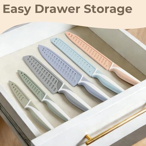 Knife Set, 12 Pieces Kitchen Knives Set with Healthy Non-Stick Coating, Dishwasher Safe Anti-Rust Stainless Steel Knives with 6 Blade Guards, Ergonomic Handles, Ideal Gift Set in Saudi Arabia
