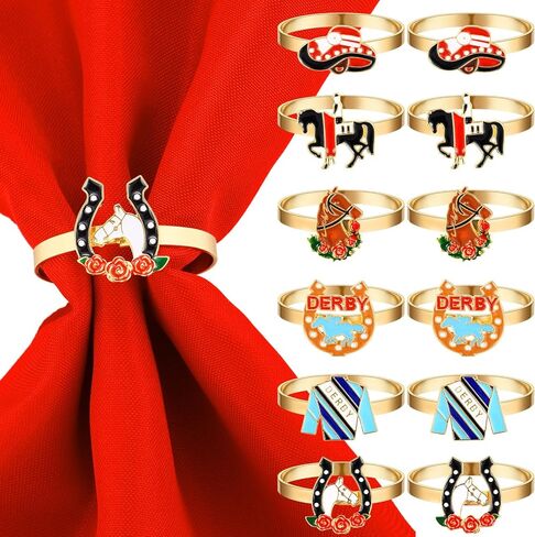 Landical 12 Pcs Derby Napkin Rings Set Metal Derby Horseshoe Ring Enamel Race Horse Riding Suit Napkin Holder Buckles Rose Horse Race Day Table Decoration Party Table Place Settings Supplies in Saudi Arabia