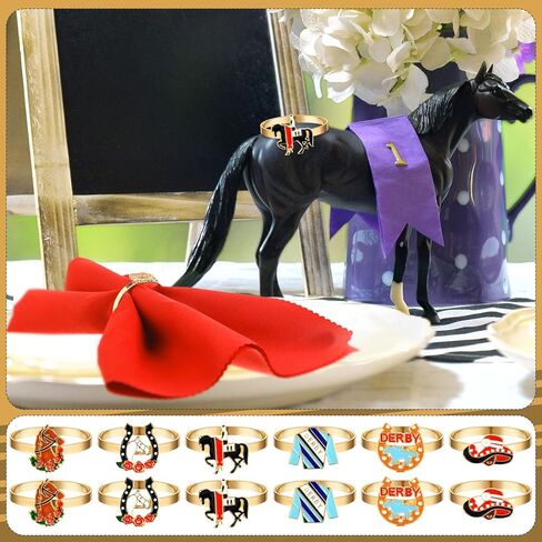 Landical 12 Pcs Derby Napkin Rings Set Metal Derby Horseshoe Ring Enamel Race Horse Riding Suit Napkin Holder Buckles Rose Horse Race Day Table Decoration Party Table Place Settings Supplies in Saudi Arabia