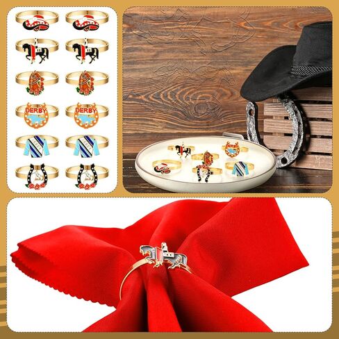 Landical 12 Pcs Derby Napkin Rings Set Metal Derby Horseshoe Ring Enamel Race Horse Riding Suit Napkin Holder Buckles Rose Horse Race Day Table Decoration Party Table Place Settings Supplies in Saudi Arabia
